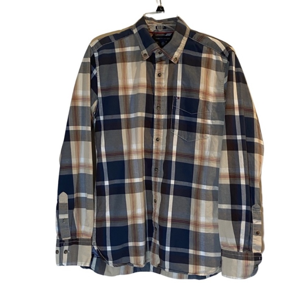 Tommy Hilfiger Custom Fit Men's Plaid Button Down Shirt. Blue/Tan. Small